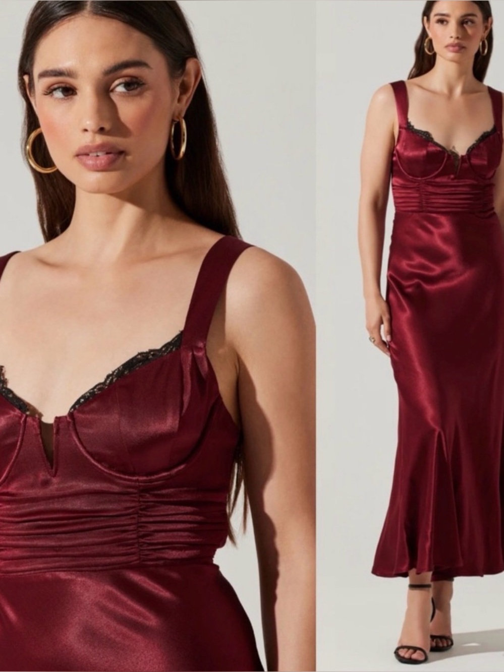 Astr the label Burgundy Satin Long Slip with Lace Accents